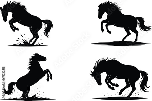 Dynamic black horse silhouettes four powerful galloping and rearing equine poses showcasing athleticism