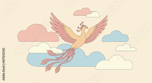 Phoenix flying, clouds