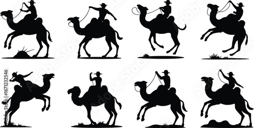Eight dynamic silhouettes of people riding camels in various poses and movements captured