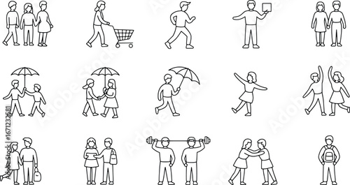 Collection of whimsical line drawings depicting various human activities and interactions with a playful style