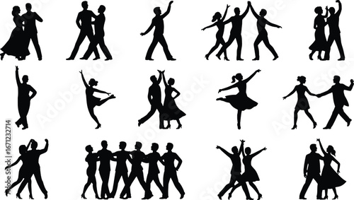 Diverse silhouettes of couples dancing and performing various dance styles gracefully together