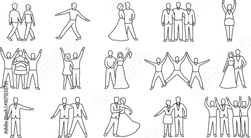 Collection of sketchy figures depicting celebrations and social gatherings in outline style
