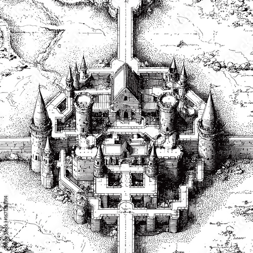 An elaborate castle layout features numerous towers, walls, and intricate pathways. The structure is surrounded by an expansive fantasy landscape, emphasizing its grandeur and architectural details.