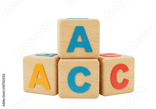 Isolated wooden alphabet blocks forming letters A, C, ABC learning, preschool education concept