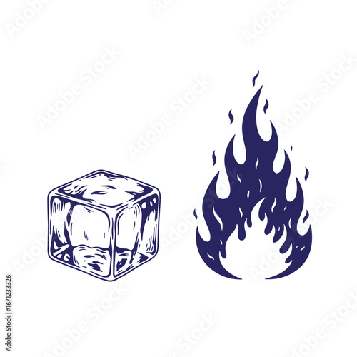 Ice cube and flame illustration representing cold and hot temperature contrasts for visual design