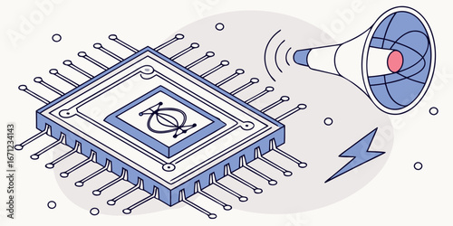Isometric illustration of a microchip with pins next to a megaphone and a lightning bolt