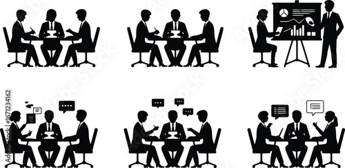Business meeting silhouettes six diverse corporate collaboration scenarios