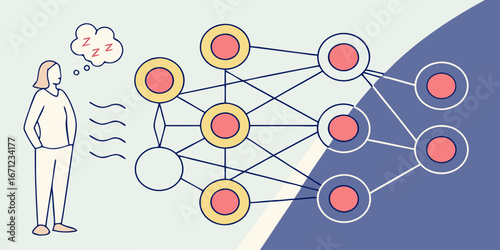 Woman sleeping while looking at a network of connected circles with lines on a blue and white background
