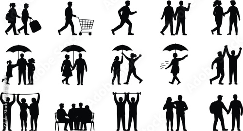 Diverse silhouettes of people engaged in various daily activities and celebrations