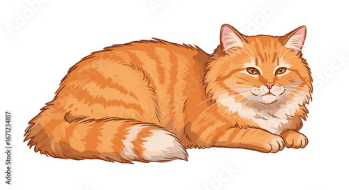 Fluffy Orange Tabby Cat Resting Calmly Isolated on Transparent Background
