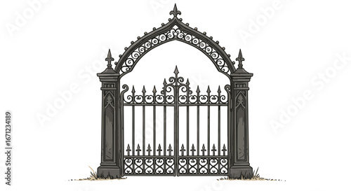 Ornate Gothic Gate with Arched Top and Decorative Ironwork Isolated on Transparent Background