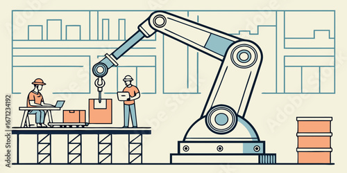 Illustration of a factory scene with workers robot and boxes in a warehouse environment with a conveyor