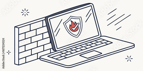 Laptop showing a shield with a flame and checkmark next to a brick wall for security protection concept