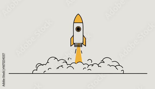 A rocket ascends into the sky, emitting flames and smoke as it breaks through clouds. The bright colors and dynamic motion capture the excitement of the launch.