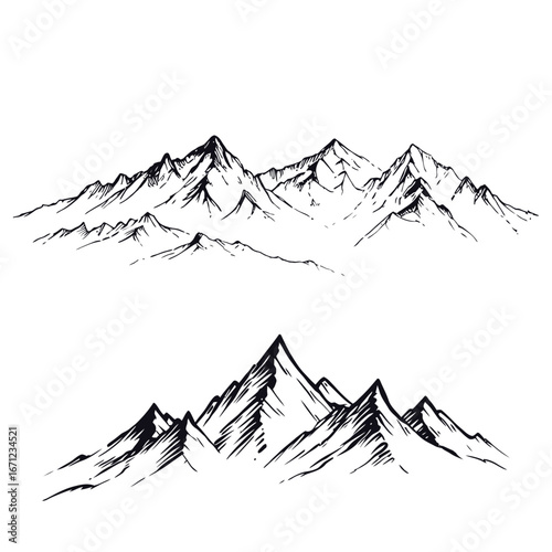 A beautifully detailed black and white illustration of mountainous landscapes, emphasizing sharp peaks and natural contours. This artwork captures the grandeur and tranquility of natures formations.