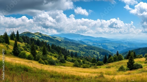 Scenic summer day reveals lush green and yellow hills and forested mountains, trees stretching to the sky-nature's beauty in full view, perfect for travel and adventure