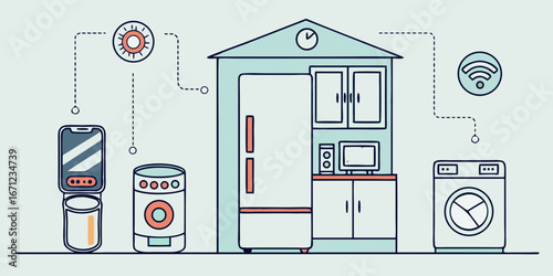 Illustration of a smart home setup with connected appliances and devices in a modern design
