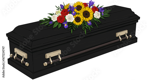 Elegant Black Coffin Adorned with Vibrant Funeral Flower Arrangement Isolated on Transparent Background