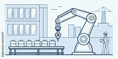 Illustration of a robotic arm in a factory setting with a worker and conveyor belt of boxes