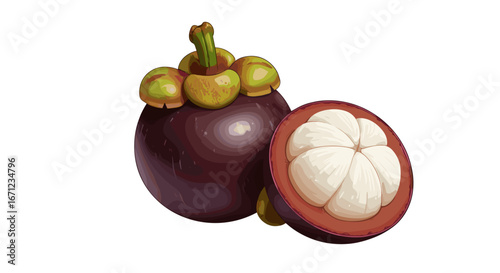 Fresh Tropical Mangosteen Fruit Whole and Halved Showing Juicy White Segments Isolated on Transparent Background