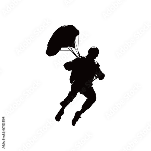 A silhouette of a parachutist gracefully descending from the sky, with an open parachute above, showcasing a thrilling aerial activity on a clear day.