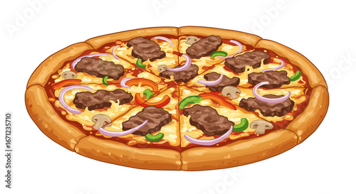 Delicious Steak Pizza with Bell Peppers Onions and Mushrooms Isolated on Transparent Background