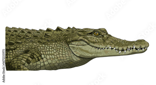 Detailed close-up profile of a Nile crocodile's head and textured scaly skin isolated on transparent background
