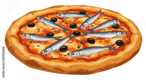 Delicious Savory Anchovy Pizza with Olives Appetizing Italian Fast Food Isolated on Transparent Background for Culinary Use