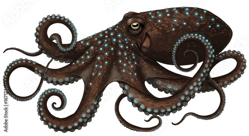 Brown Octopus with Blue Spots and Curled Tentacles Isolated on Transparent Background Realistic Illustration