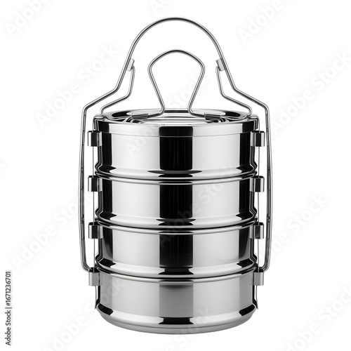 Stacked cylindrical metal tiffin carrier with chrome frame on white or transparent background