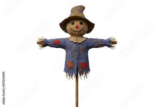 Isolated scarecrow with straw hat and patches for autumn season harvest festivals