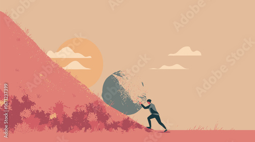 A person strives to push a large boulder up a gentle slope, surrounded by vibrant foliage. The setting sun casts a warm glow, creating a sense of determination and persistence.