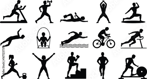 Diverse silhouette collection of people engaging in various fitness activities and sports for health