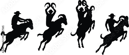 Silhouette rodeo action cowboy riding bucking sheep thrill western sport dynamic motion