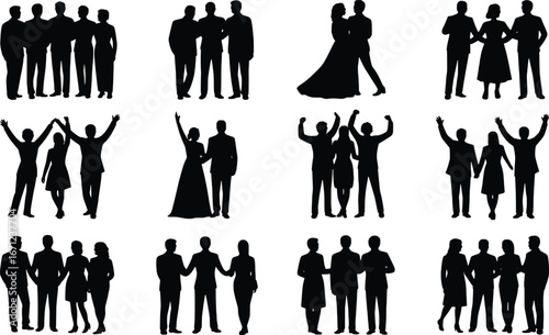 Diverse silhouettes of people celebrating dancing and socializing in groups