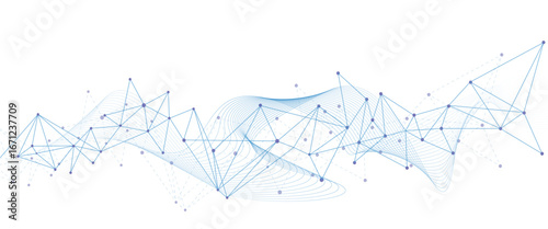 Abstract tech network connection dots. Digital technology and big data analysis background. Grey background with plexus lines. Geometric background with abstract  .cardiogram on blue background