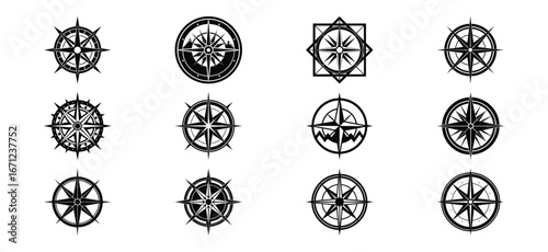 Collection of twelve vintage compass rose designs in black and white for nautical themes
