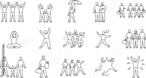 Collection of simple outline drawings depicting people engaged in various activities and groups