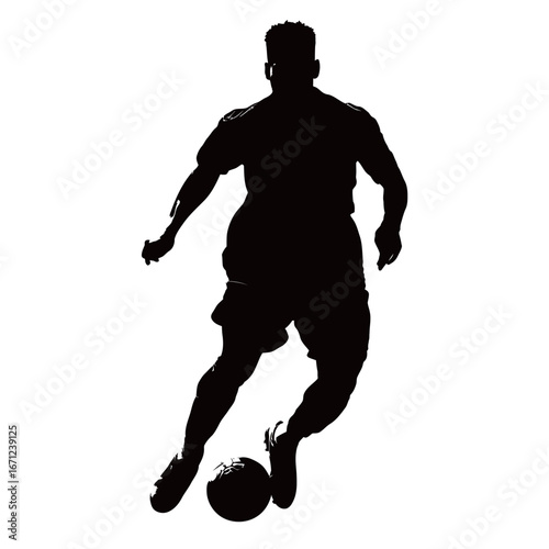 A silhouette of a soccer player in action, skillfully dribbling the ball. The scene captures the energy of a match, emphasizing athleticism and movement against a light background.