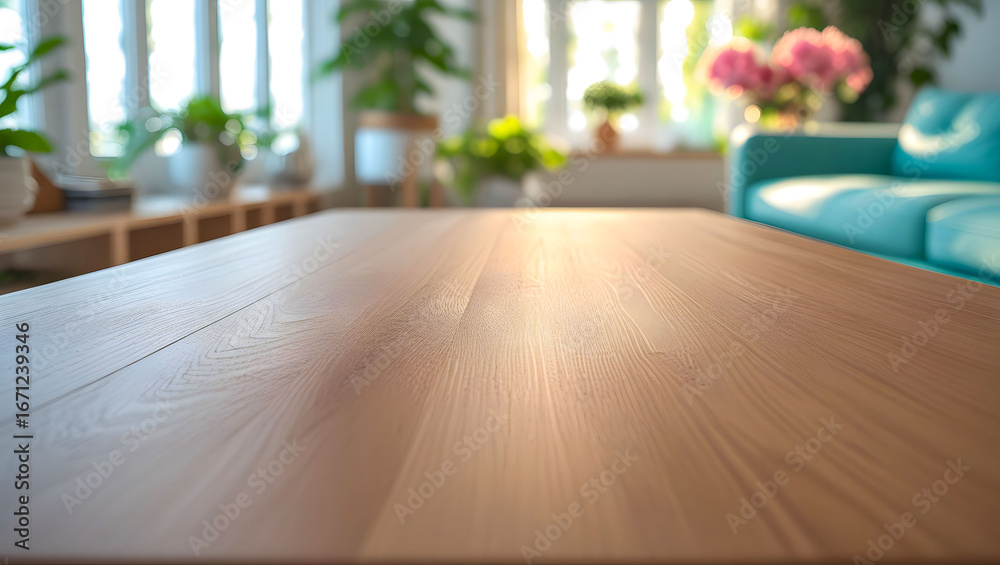 Fototapeta premium product placement in blurred living room with wooden table foreground 3