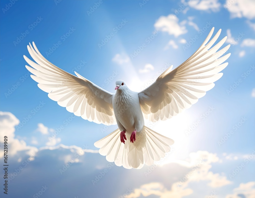 Obraz premium White dove in mid-flight spreading wings wide against blue sky and sunlight with clouds 