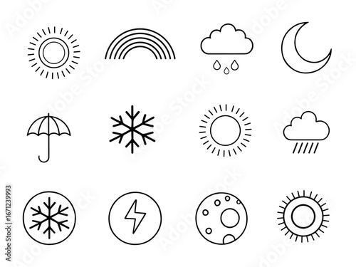 Weather icons sun moon rain snowflake umbrella lightning