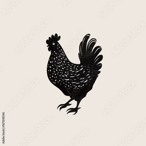 A solitary black silhouette of a chicken stands on a plain background, showcasing its distinctive shape and posture. The chicken appears alert, with its head turned to one side.