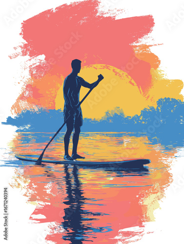 A person paddleboards on a serene lake during sunset, surrounded by colorful skies that blend shades of orange, pink, and blue, reflecting on the waters surface.