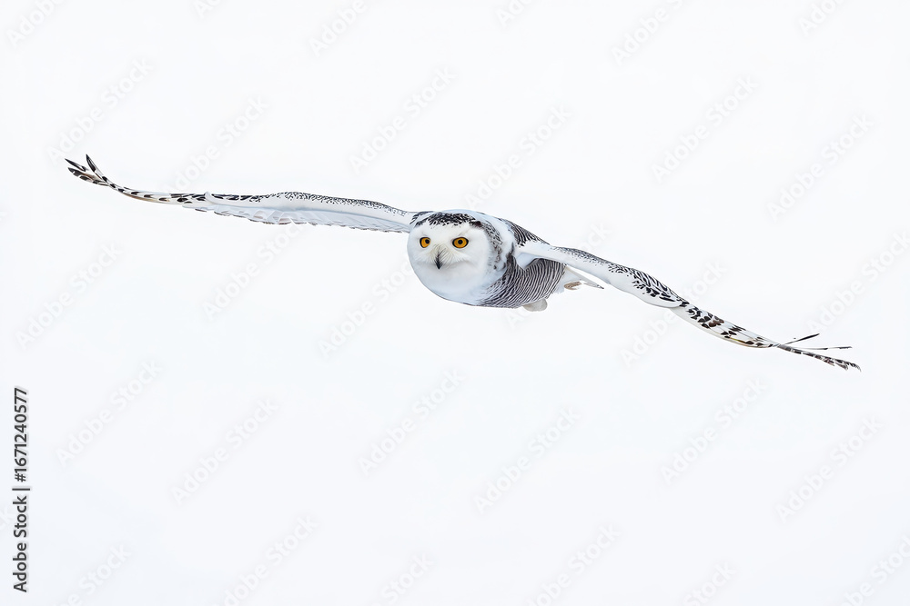 Fototapeta premium Majestic snowy owl takes flight its wings spread wide capturing wilderness spirit