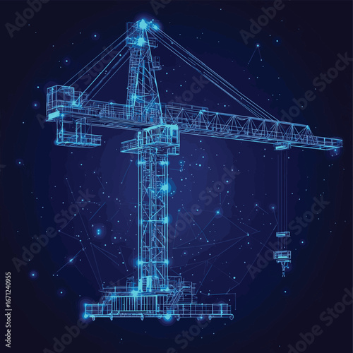 Wireframe style illustration of tower crane lifting cargo container on dark blue background with polygonal construction and industrial machinery concept digital vector design