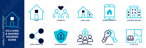 Co-living and Shared Housing Solutions Blue Colored Outline Icon Set