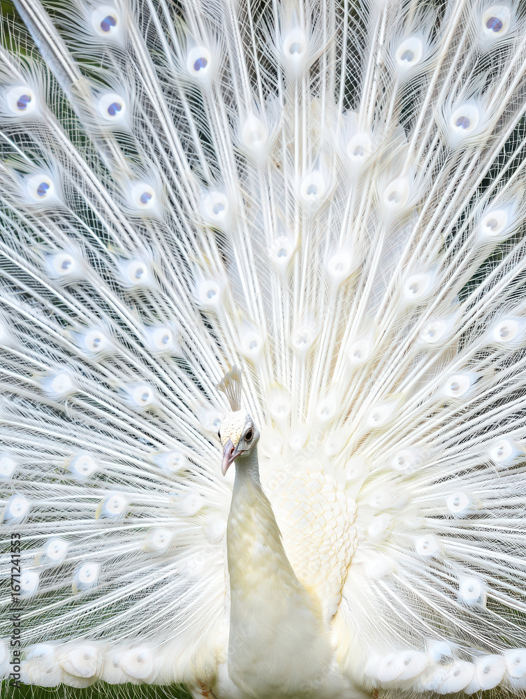 Fototapeta premium Stunning white peacock displays magnificent plumage in full radiant display