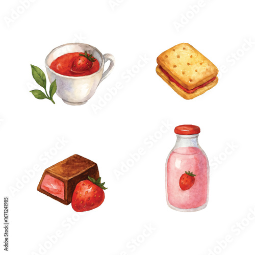 Watercolor Strawberry-Theme, Food Edition #16—Strawberry Tea, Biscuit, Chocolate, and Milk. Vector Illustration. Design Element. Clip art. Suitable for artwork design.