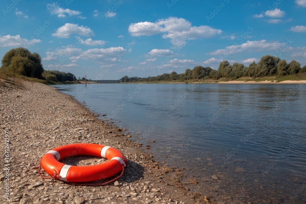 Obraz premium A lifebuoy rests on a rocky shore next to calm water